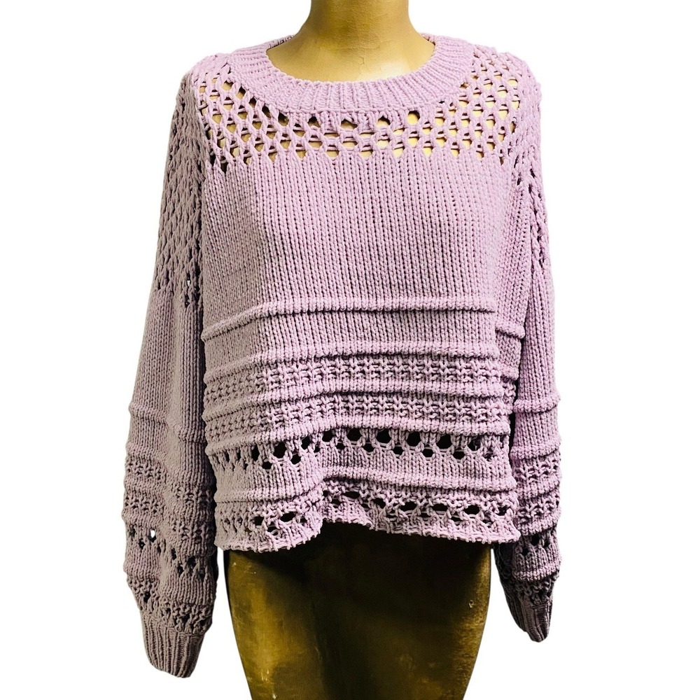 Fate Womens Purple Chunky Soft Knit Balloon Sleeve Cropped Boho Pullover S Med